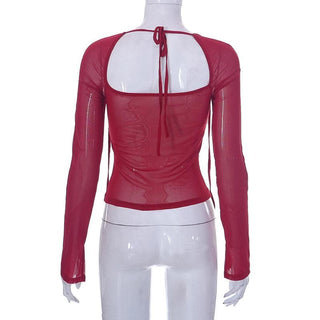 Solid long sleeve square neck mesh button drawstring crop top