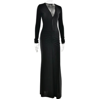 Long sleeve v neck ruched hollow out cut out maxi dress