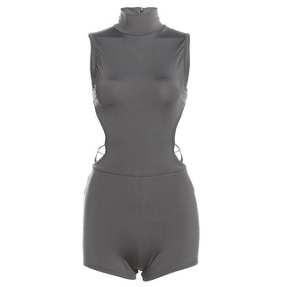 Sleeveless high neck button backless romper