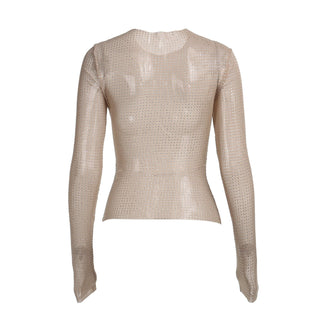Long sleeve sheer mesh beaded crewneck top