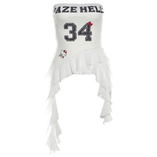 Ruffle letter print irregular backless tube top