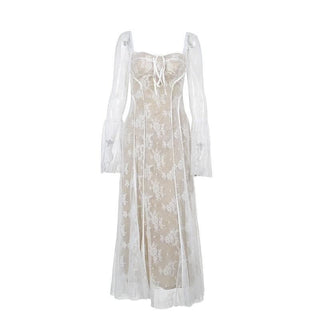 Long flared sleeve contrast zip-up lace self tie maxi dress-final-sale