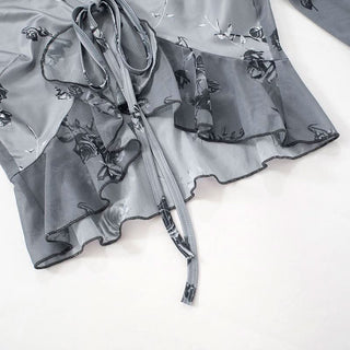 Long flared sleeve v neck self tie ruffle flower print top