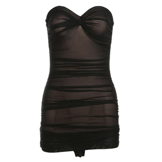 Ruched mesh patchwork solid tube mini dress