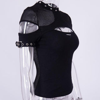Fishnet patchwork hollow out short sleeve buckle cut out top