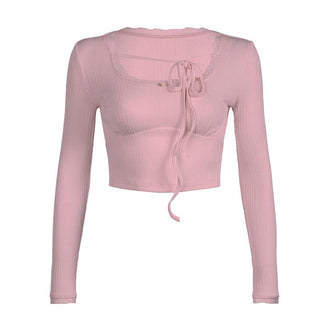 U neck long sleeve lace hem self tie crop top