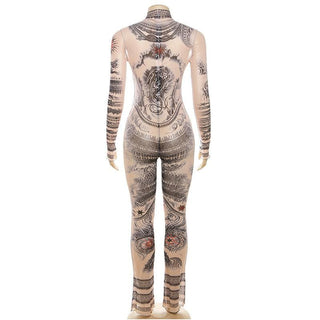 Sheer mesh abstract contrast see through long sleeve high neck jumpsuit