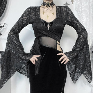 Flared sleeve v neck lace knotted top