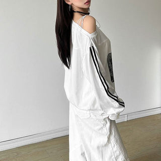 Irregular long sleeve self tie print contrast top