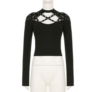 Long sleeve crewneck hollow out cut out top