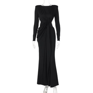 Long sleeve padded backless ruched maxi dress-final-sale