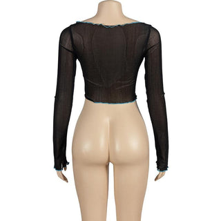 Long sleeve stitch sheer mesh ruffle crop top