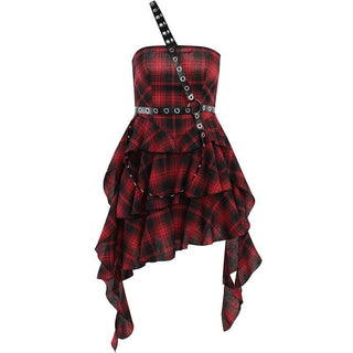 Ruffle plaid zip-up irregular one shoulder backless mini dress | victorian gothic dresses