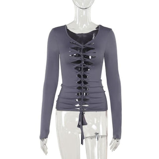 Long sleeve hollow out v neck self tie solid cut out top