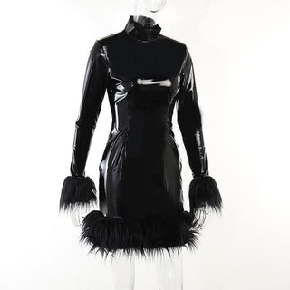 Long sleeve PU leather feather high neck zip-up mini dress-final-sale