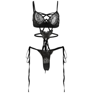 Lace butterfly pattern cross front hollow out cami bodysuit