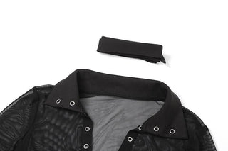 Turnover collar long sleeve mesh self tie top