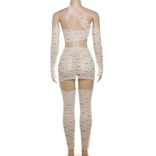 Hollow out one shoulder irregular long sleeve pant set