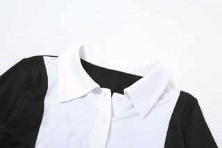 Turnover collar long sleeve button patchwork belt top