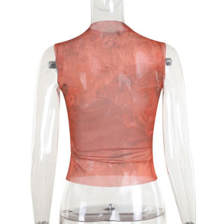 Sheer mesh beaded print crewneck sleeveless top