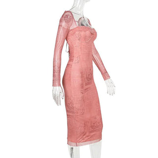 Long sleeve lace hem square neck print midi dress