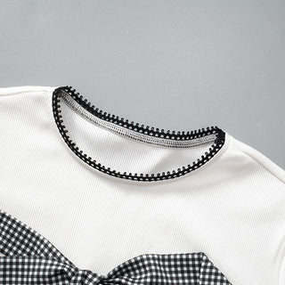 Crew neck short sleeve lace hem bowknot top