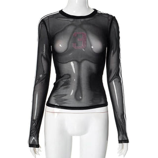 Long sleeve crewneck mesh beaded top