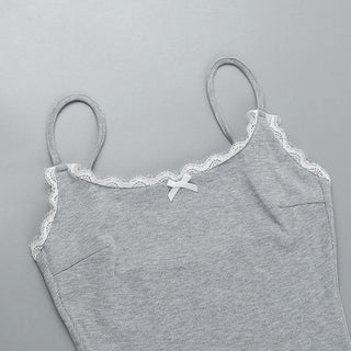 Bowknot lace hem ribbed cami romper