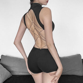 Sleeveless high neck button backless romper