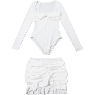 Long sleeve u neck ruched ruffle mini skirt set