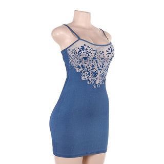 U neck denim mesh patchwork print cami mini dress