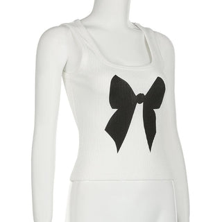 Square neck bowknot pattern ribbed tank top