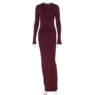 Long flared sleeve ruched solid maxi dress