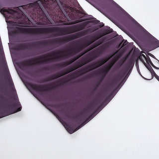 Long sleeve off shoulder ruched drawstring lace mini dress