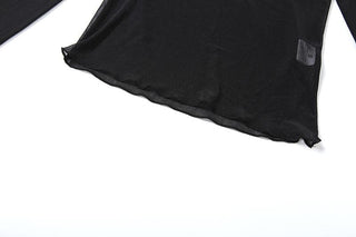 Long sleeve round neck letter sheer mesh top