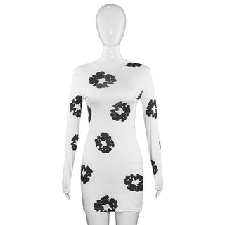 Long sleeve crewneck flower print mini dress