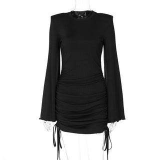 Long flared sleeve crewneck padded drawstring mini dress