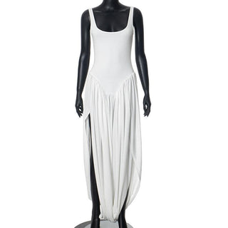 U neck ruched high slit backless cami maxi dress
