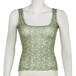 Square neck ruffle sheer mesh flower print tan tank top
