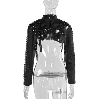 High neck PU leather zip-up hollow out shrug cut out top
