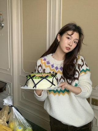 Retro blooming round collar sweater