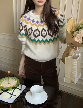 Retro blooming round collar sweater