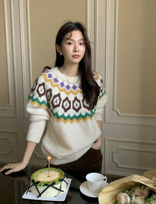 Retro blooming round collar sweater