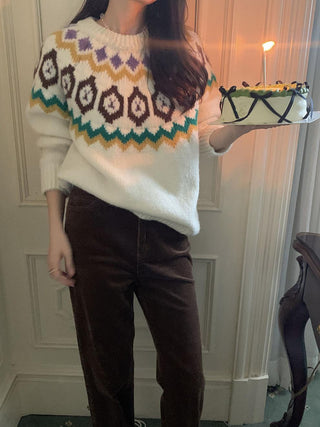 Retro blooming round collar sweater