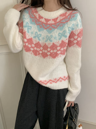 Contrasting colorful blooming round neck loose sweater