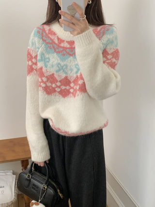 Contrasting colorful blooming round neck loose sweater