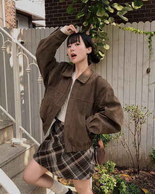 Lapel suede loose fit zip-up jacket