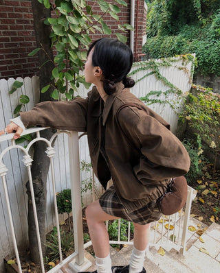 Lapel suede loose fit zip-up jacket