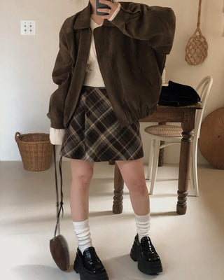Lapel suede loose fit zip-up jacket