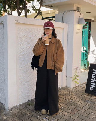 Lapel suede loose fit zip-up jacket